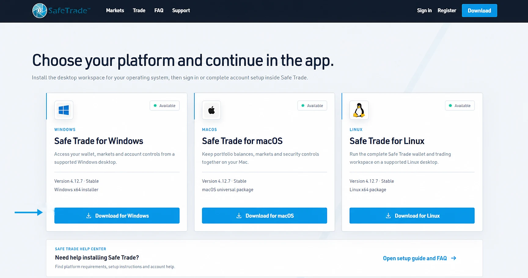 Safe Trade download section with installers for Windows, macOS and Linux