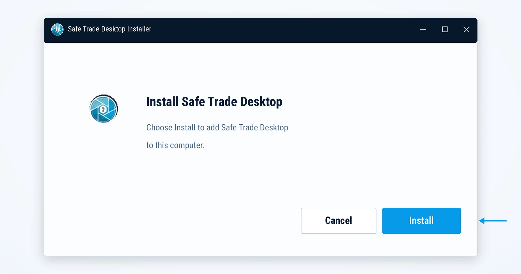 Safe Trade Desktop installer with the Install button selected