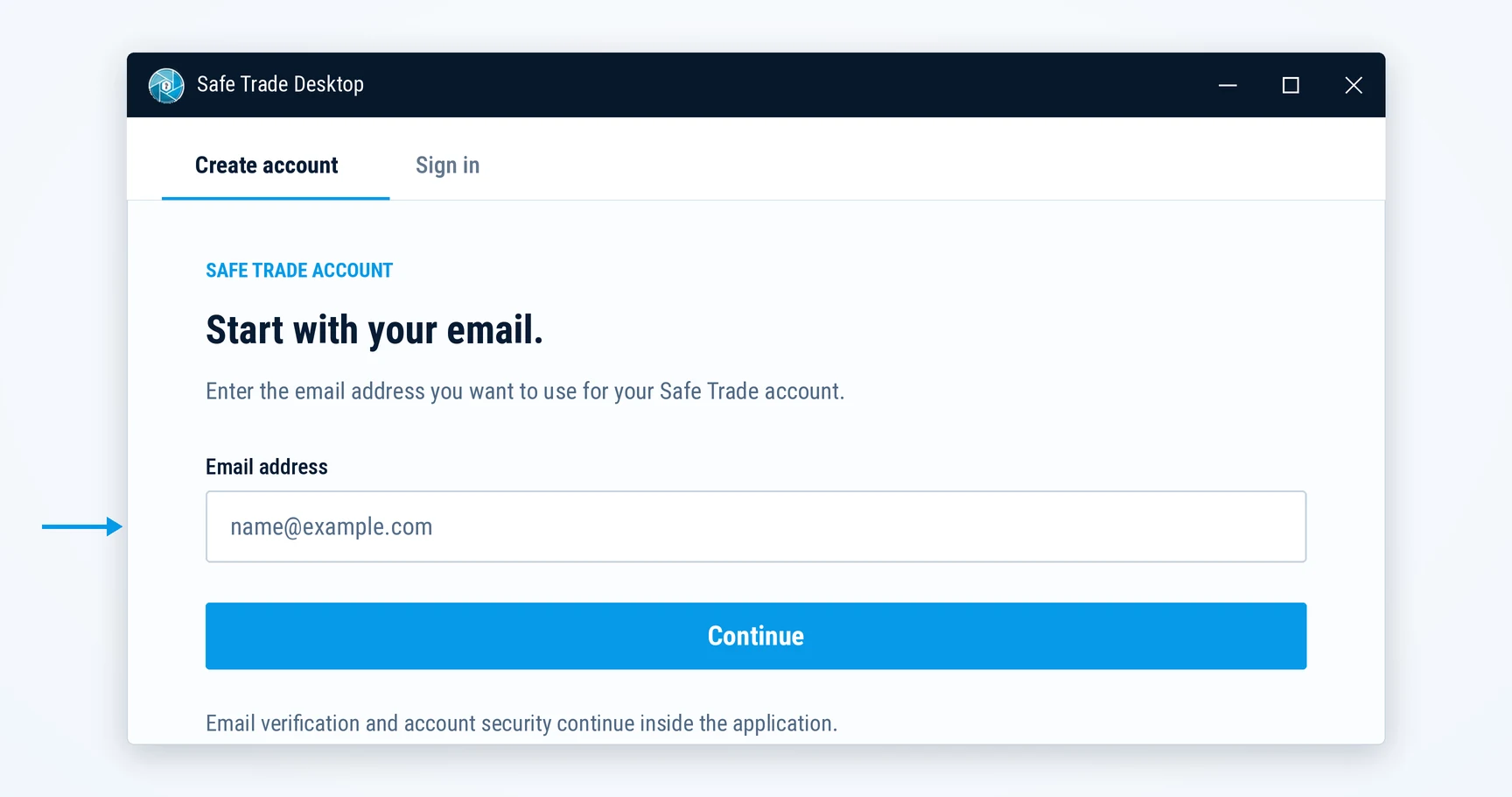 Safe Trade Desktop account screen with an email address field