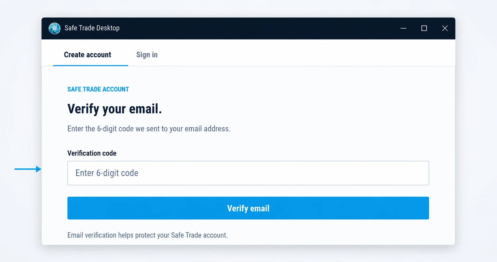 Safe Trade Desktop email verification code screen
