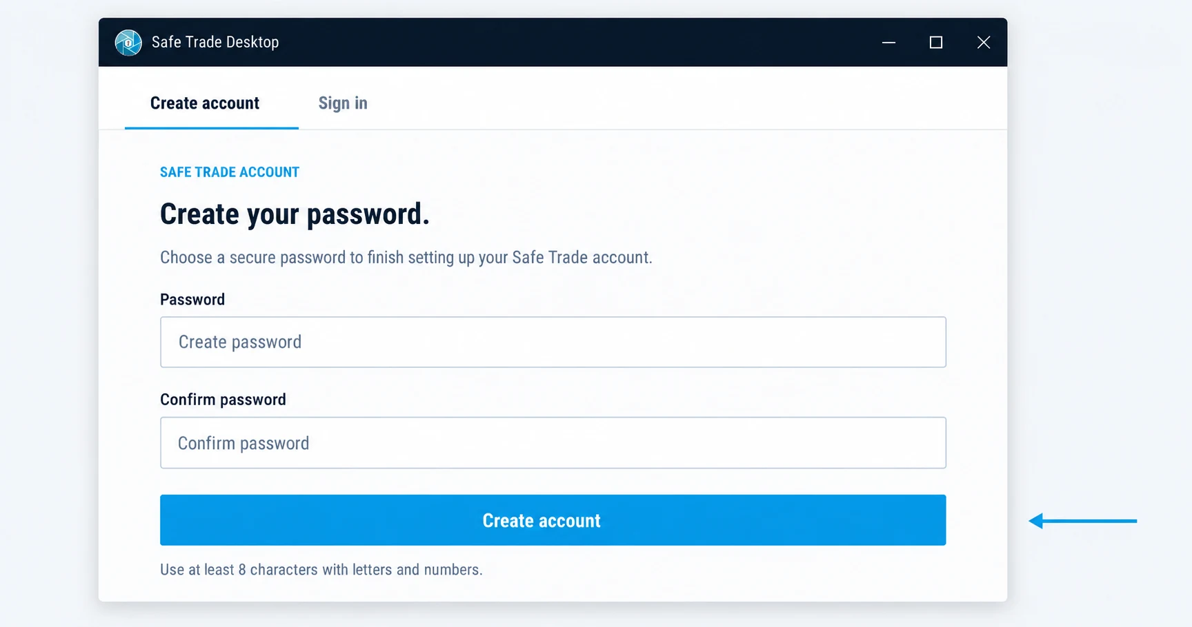 Safe Trade Desktop password creation screen